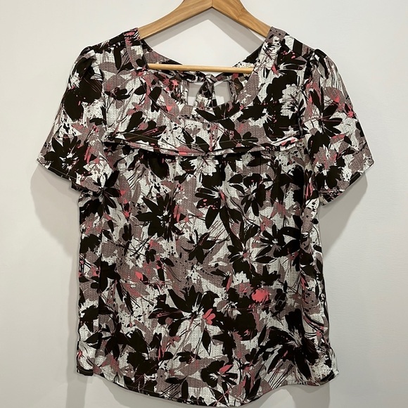 Japna Brown Pink Multi Colored Abstract Floral Short Sleeved Blouse Top Sz M - Picture 4 of 10